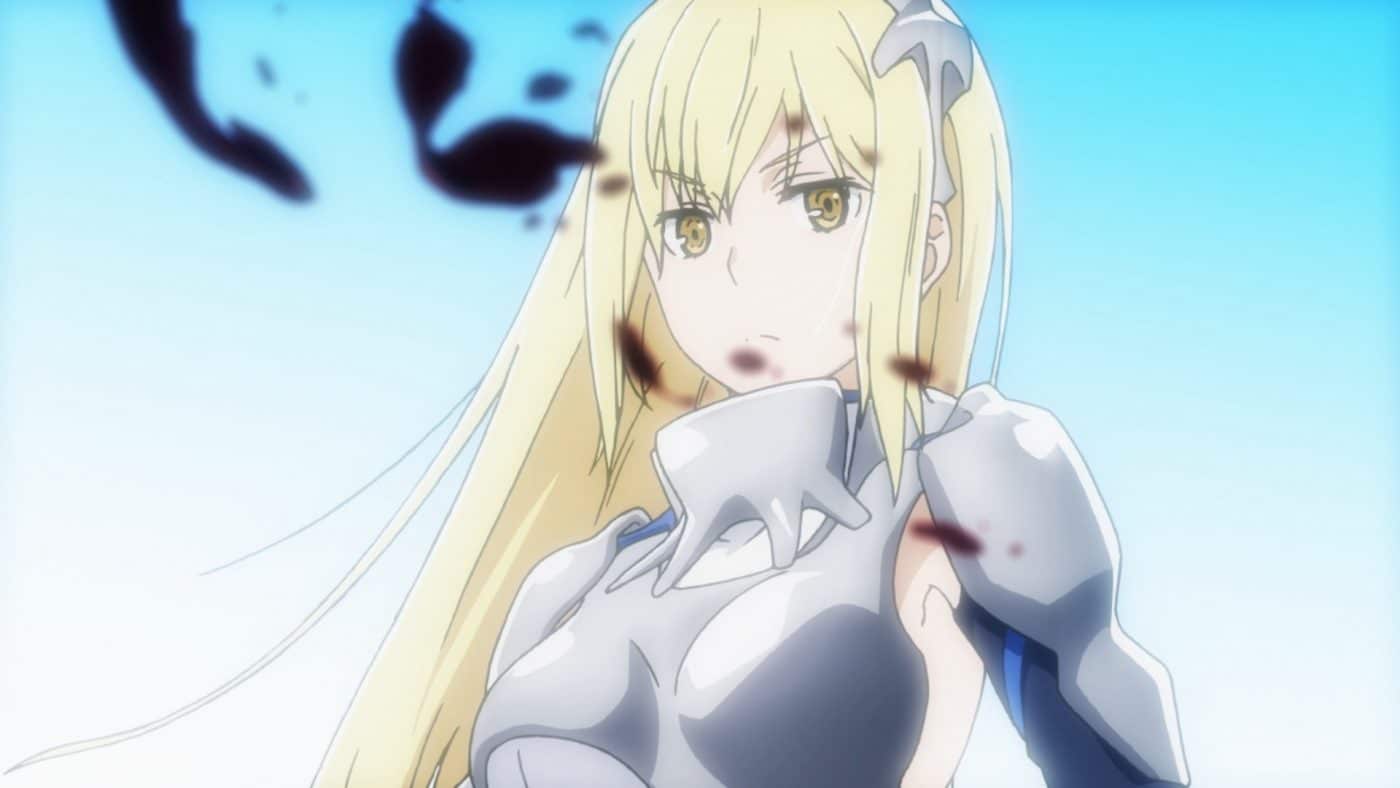 Aiz stands valiently as a few drops of blood fly in front of her