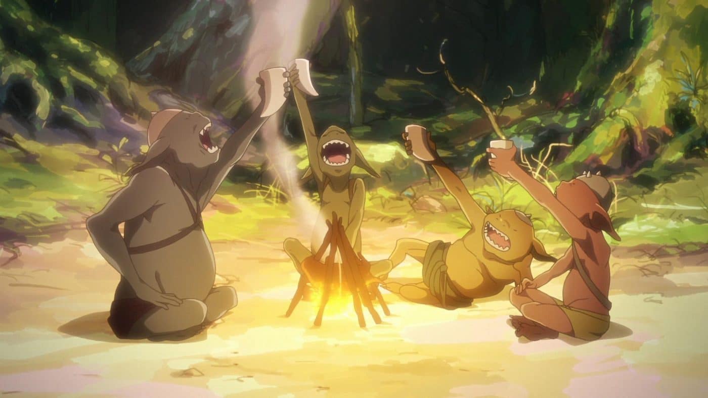 Goblins propose a toast around a campfire