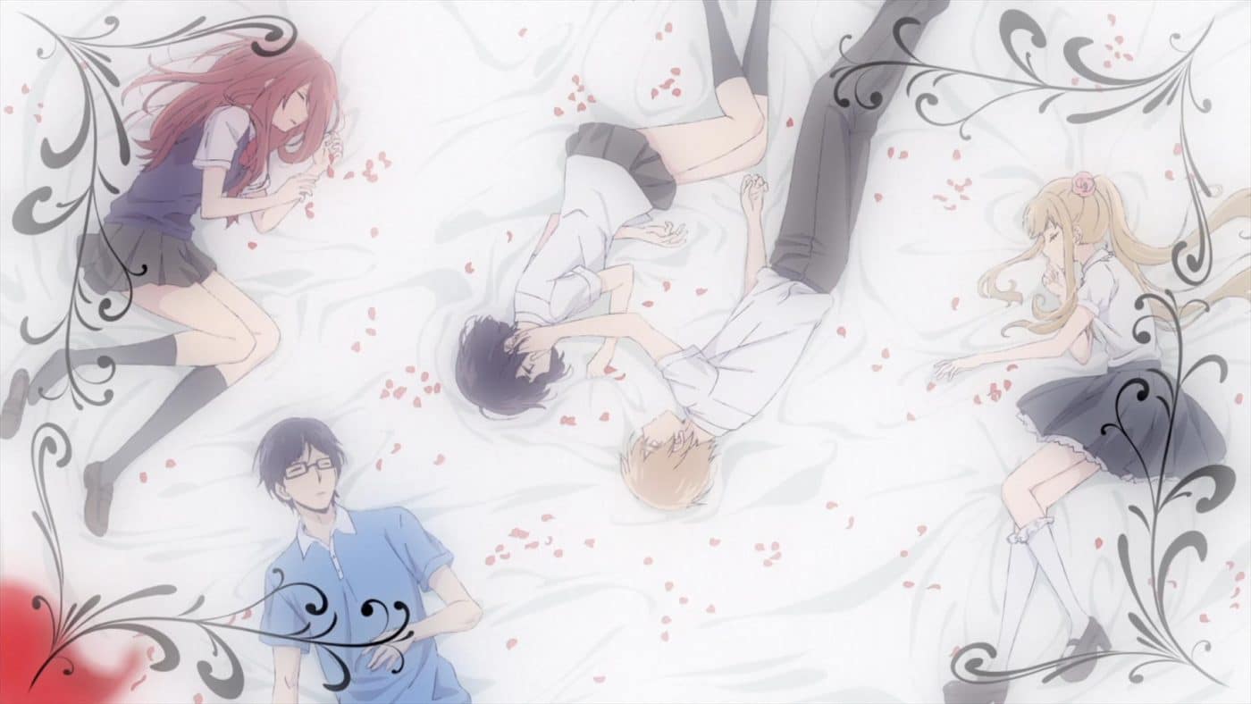 The group lie on a white floor, but Akane isn't present