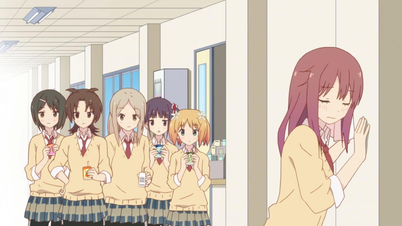 Haruka cuddles a wall as she daydreams. Meanwhile, the other girls question her sanity.