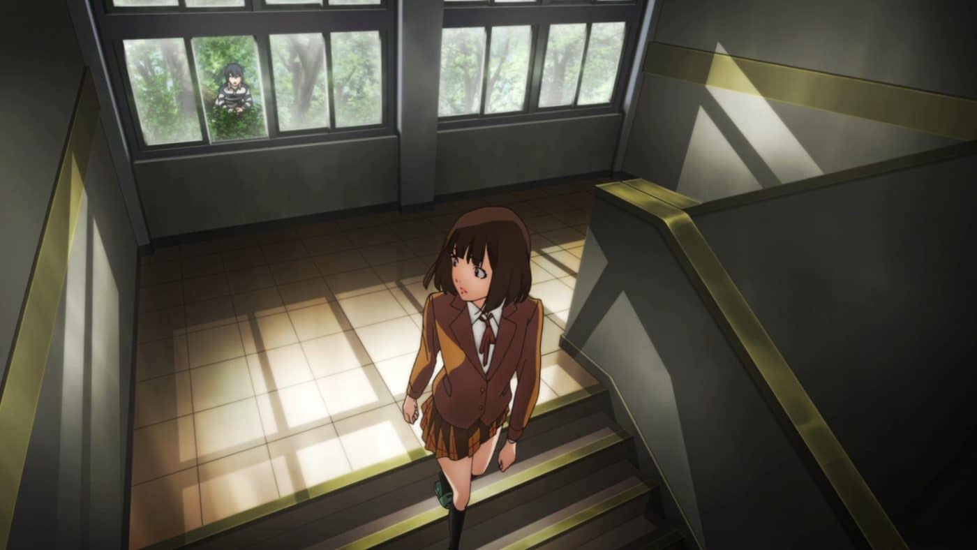 Chiho looks out the window at Kiyoshi in a tree