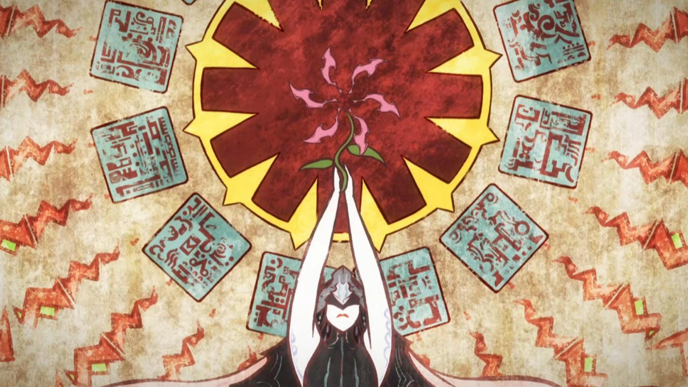 Ancient painting of the Saint of the Single Flower raising her symbol